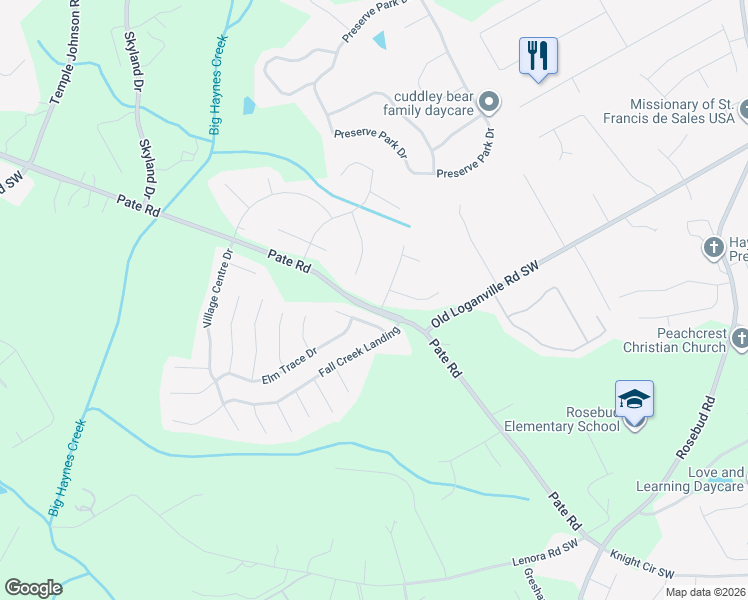 map of restaurants, bars, coffee shops, grocery stores, and more near 2005 Streamwood Drive in Loganville