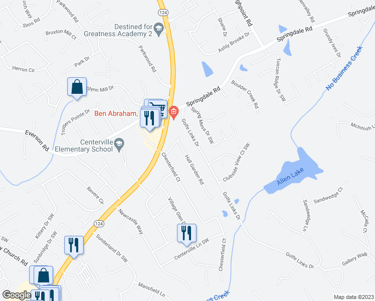map of restaurants, bars, coffee shops, grocery stores, and more near 3130 Hall Garden Road in Snellville