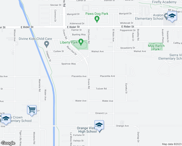 map of restaurants, bars, coffee shops, grocery stores, and more near 26502 Placentia Avenue in Perris