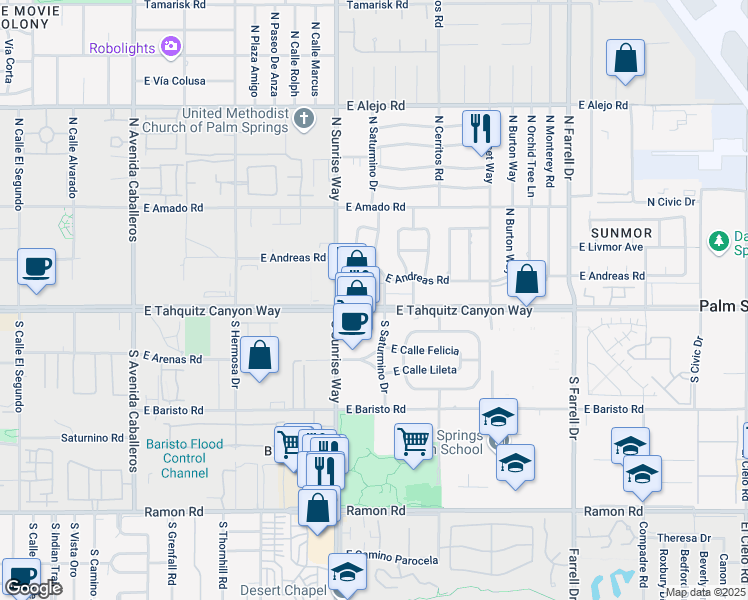 map of restaurants, bars, coffee shops, grocery stores, and more near 1900 East Tahquitz Canyon Way in Palm Springs