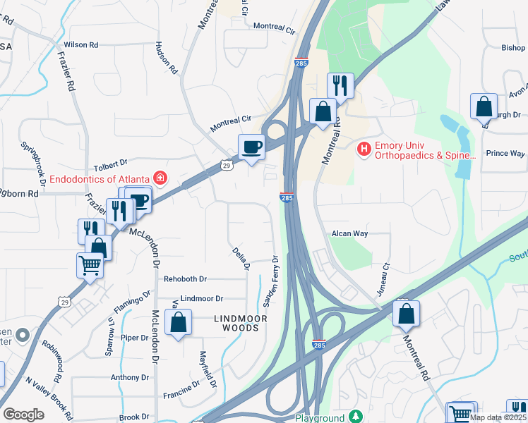 map of restaurants, bars, coffee shops, grocery stores, and more near 1464 Sanden Ferry Drive in Decatur