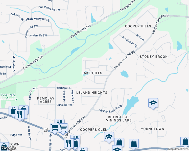 map of restaurants, bars, coffee shops, grocery stores, and more near 2855 Cris Drive in Mableton