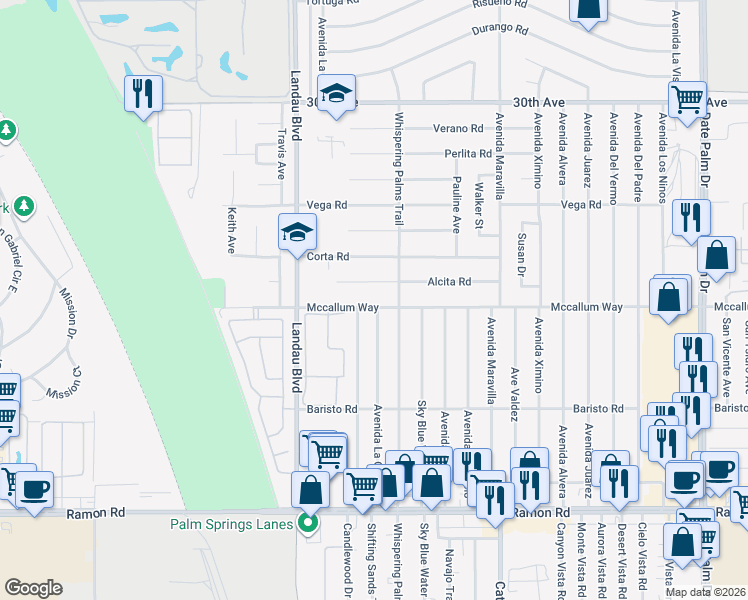 map of restaurants, bars, coffee shops, grocery stores, and more near 68220 Mccallum Way in Cathedral City