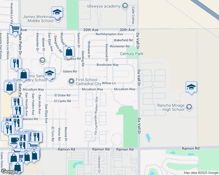 map of restaurants, bars, coffee shops, grocery stores, and more near 69770 Mccallum Way in Cathedral City