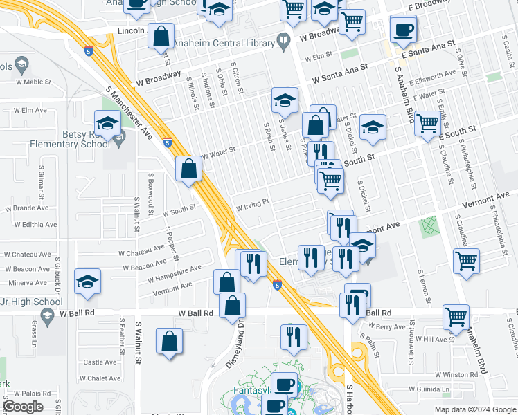 map of restaurants, bars, coffee shops, grocery stores, and more near 816 West Irving Place in Anaheim