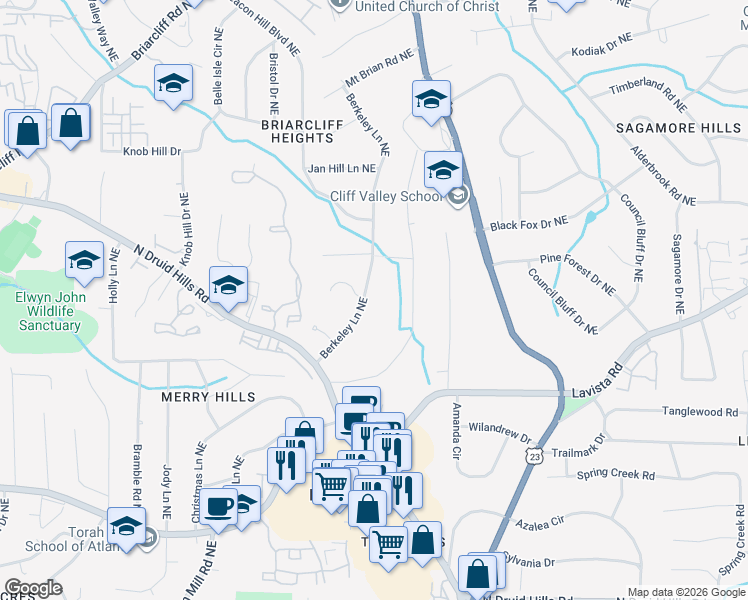 map of restaurants, bars, coffee shops, grocery stores, and more near 1467 Berkeley Lane Northeast in Atlanta