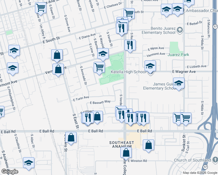 map of restaurants, bars, coffee shops, grocery stores, and more near 1010 South Barnett Street in Anaheim