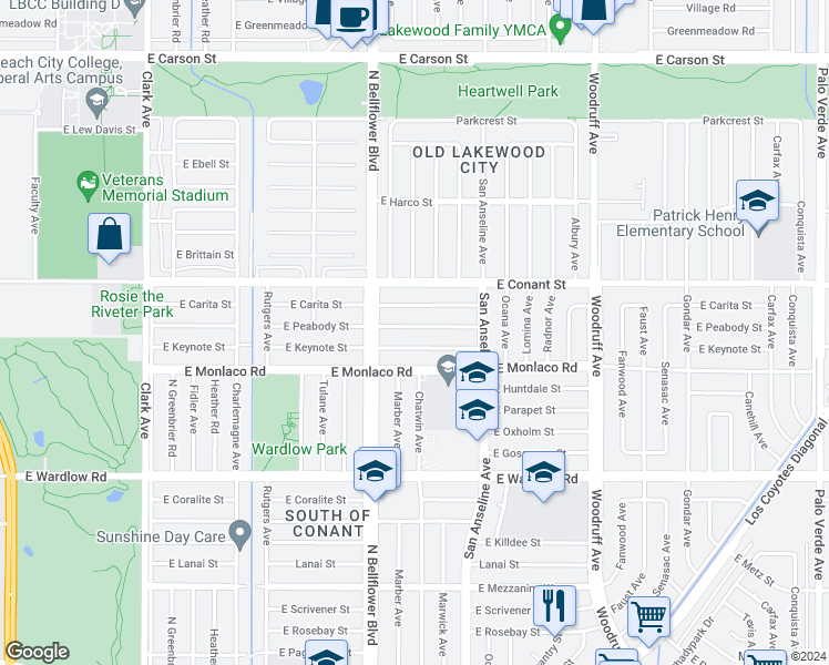 map of restaurants, bars, coffee shops, grocery stores, and more near 5540 East Peabody Street in Long Beach
