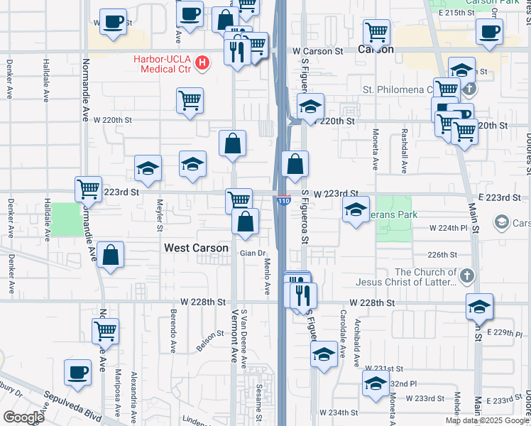 map of restaurants, bars, coffee shops, grocery stores, and more near 22314 Harbor Ridge Lane in Torrance