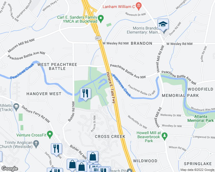 map of restaurants, bars, coffee shops, grocery stores, and more near 171 Elysian Way Northwest in Atlanta