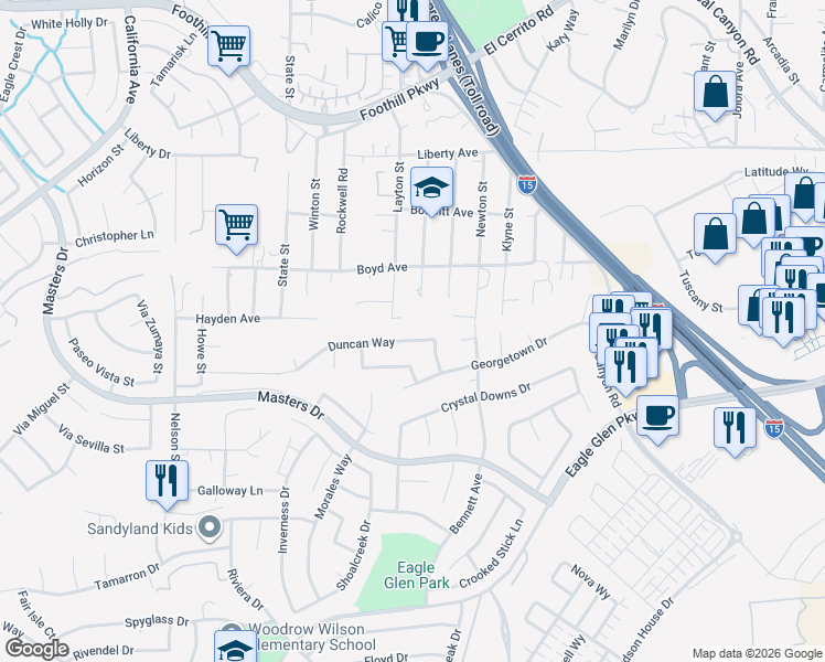 map of restaurants, bars, coffee shops, grocery stores, and more near 1895 Duncan Way in Corona
