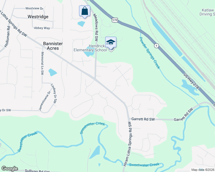 map of restaurants, bars, coffee shops, grocery stores, and more near 5395 Hiram Lithia Springs Road Southwest in Powder Springs