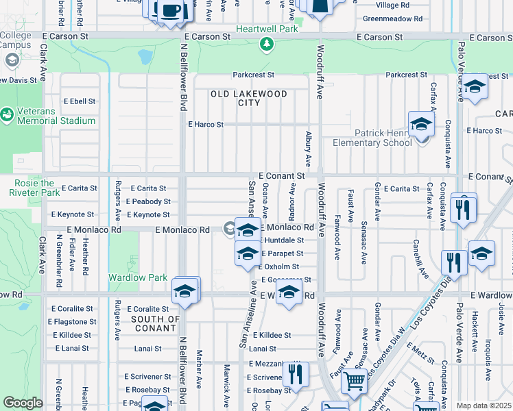 map of restaurants, bars, coffee shops, grocery stores, and more near 3638 San Anseline Ave in Long Beach