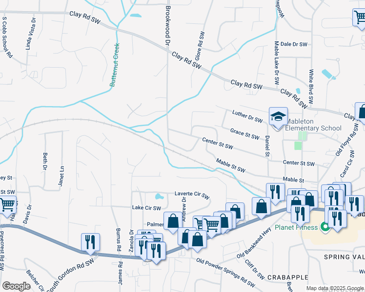 map of restaurants, bars, coffee shops, grocery stores, and more near 1306 Stella Circle Southwest in Mableton