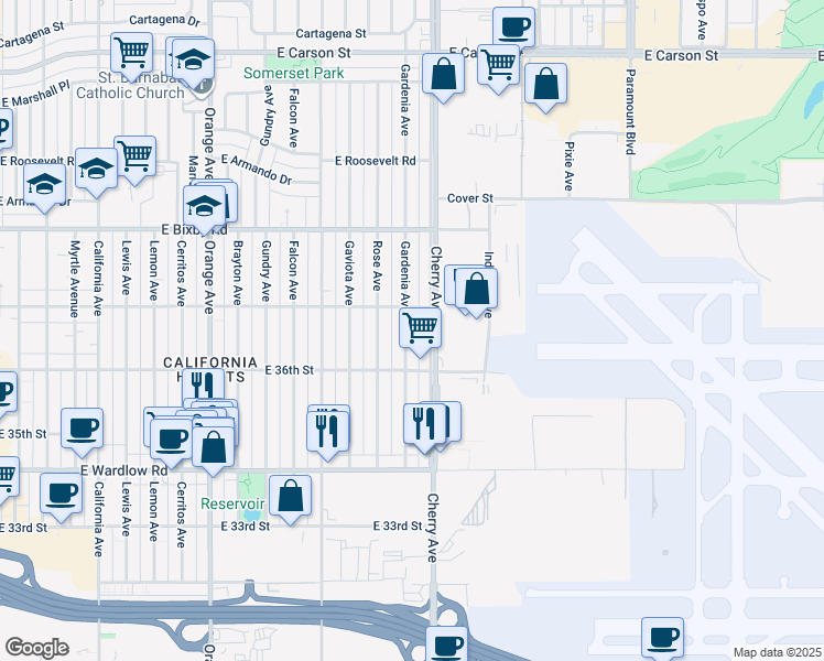 map of restaurants, bars, coffee shops, grocery stores, and more near 3636 Gardenia Avenue in Long Beach