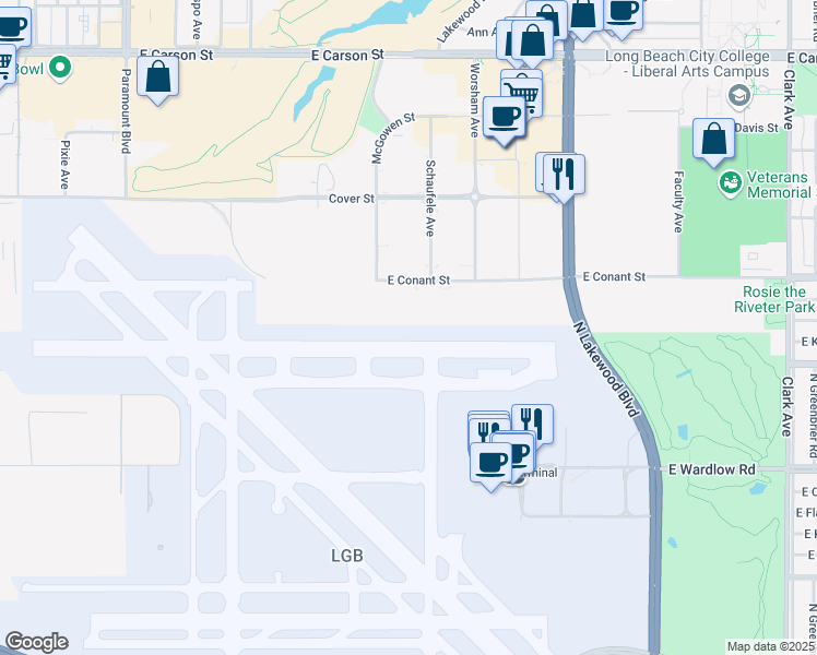 map of restaurants, bars, coffee shops, grocery stores, and more near 3701 East Conant Street in Long Beach