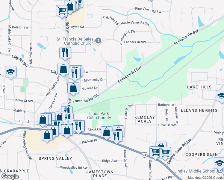 map of restaurants, bars, coffee shops, grocery stores, and more near 560 Fontaine Road Southwest in Mableton