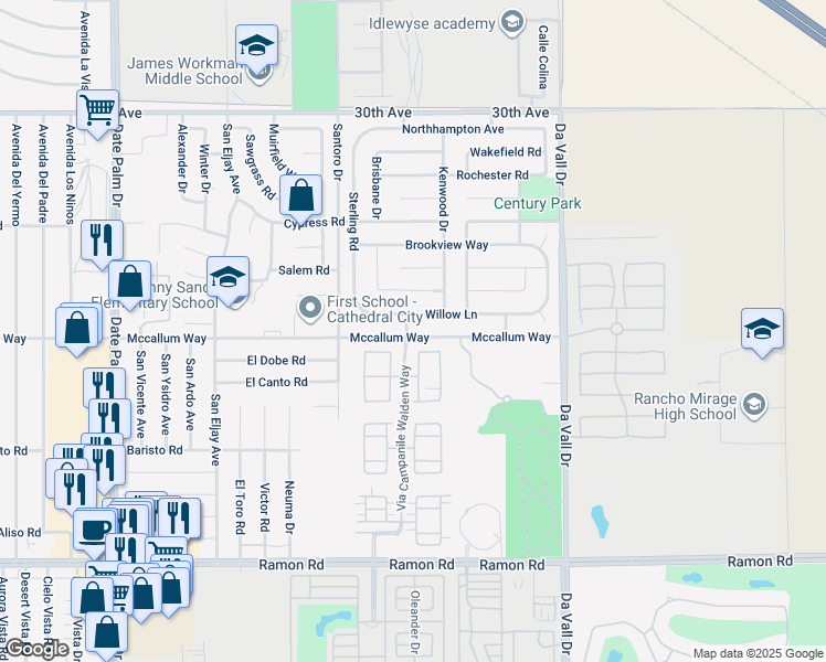 map of restaurants, bars, coffee shops, grocery stores, and more near 69700 Mccallum Way in Cathedral City