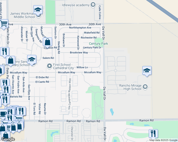 map of restaurants, bars, coffee shops, grocery stores, and more near 69860 Mccallum Way in Cathedral City