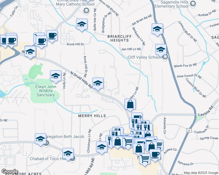 map of restaurants, bars, coffee shops, grocery stores, and more near 436 Druid Oaks Northeast in Atlanta