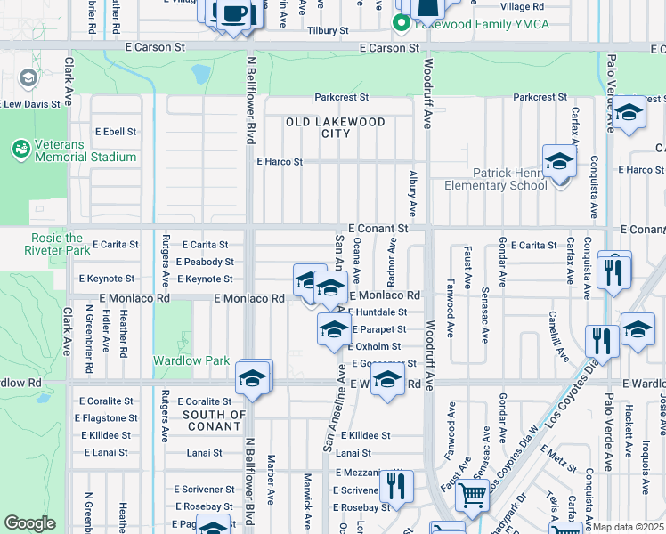 map of restaurants, bars, coffee shops, grocery stores, and more near 3638 San Anseline Avenue in Long Beach