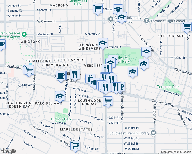 map of restaurants, bars, coffee shops, grocery stores, and more near 2355 Crenshaw Boulevard in Torrance