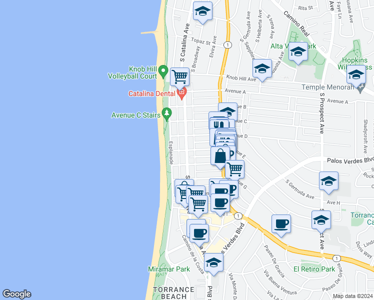 map of restaurants, bars, coffee shops, grocery stores, and more near South Catalina Avenue & Avenue E in Redondo Beach