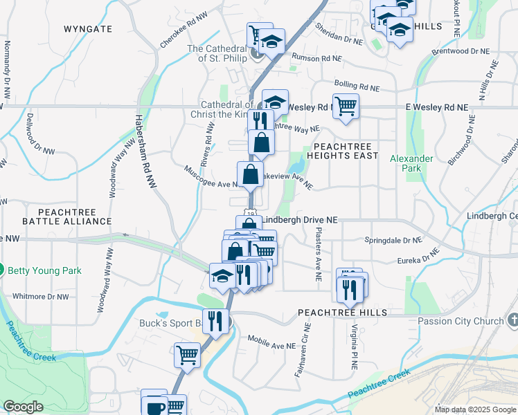map of restaurants, bars, coffee shops, grocery stores, and more near 2525 Peachtree Road in Atlanta