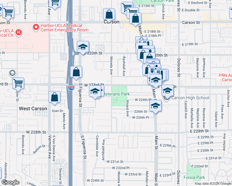 map of restaurants, bars, coffee shops, grocery stores, and more near 22400 Moneta Avenue in Carson