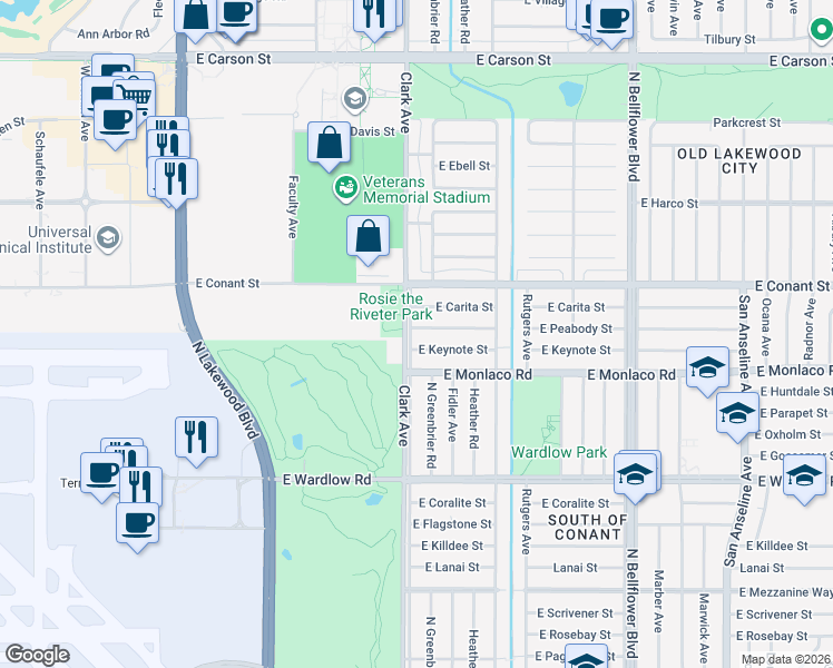 map of restaurants, bars, coffee shops, grocery stores, and more near 5102 East Peabody Street in Long Beach