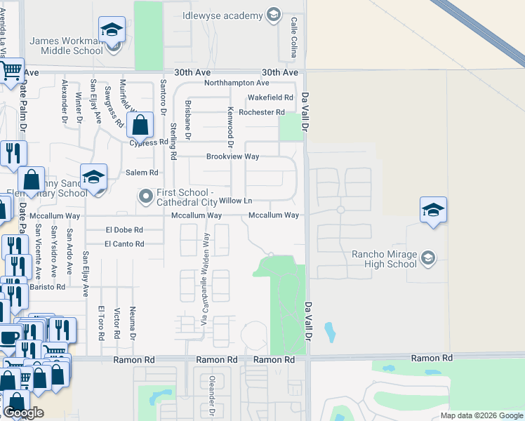 map of restaurants, bars, coffee shops, grocery stores, and more near 69860 Mccallum Way in Cathedral City