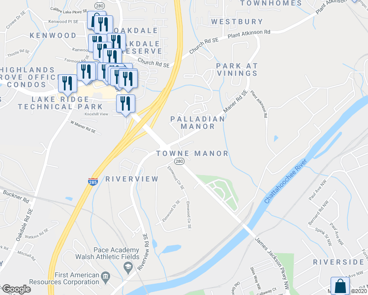 map of restaurants, bars, coffee shops, grocery stores, and more near 2304 Towneheights Terrace Southeast in Atlanta