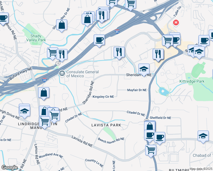map of restaurants, bars, coffee shops, grocery stores, and more near 1452 Merriman Lane Northeast in Atlanta