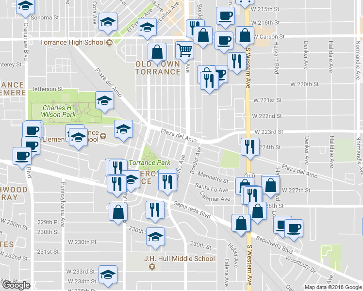 map of restaurants, bars, coffee shops, grocery stores, and more near 2413 Cabrillo Avenue in Torrance
