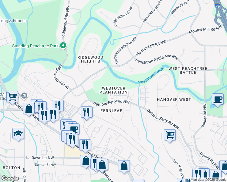 map of restaurants, bars, coffee shops, grocery stores, and more near 5 Kings Tavern Place Northwest in Atlanta