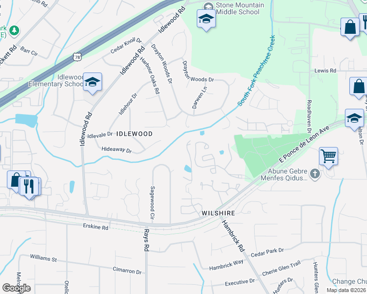 map of restaurants, bars, coffee shops, grocery stores, and more near 1412 Orchard Park Drive in Stone Mountain
