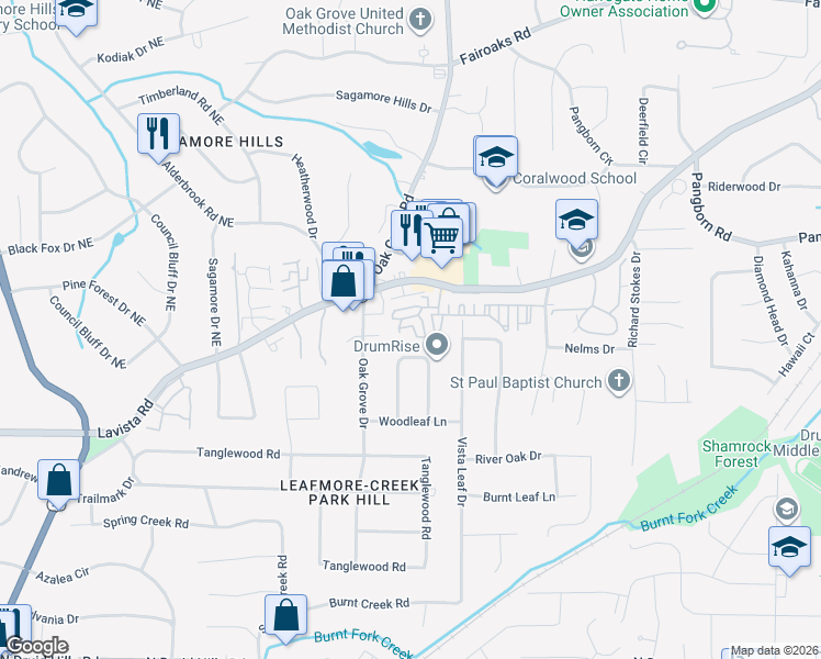 map of restaurants, bars, coffee shops, grocery stores, and more near 1467 Leafmore Place in Decatur