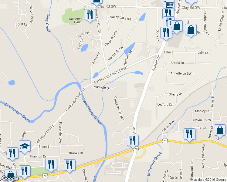 map of restaurants, bars, coffee shops, grocery stores, and more near 3115 Sunlight Dr in Austell