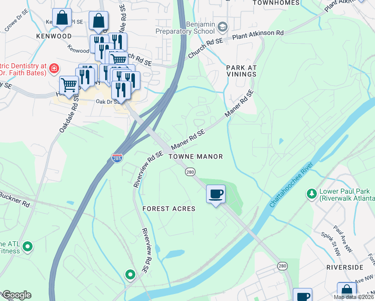 map of restaurants, bars, coffee shops, grocery stores, and more near 2304 Towneheights Terrace Southeast in Atlanta