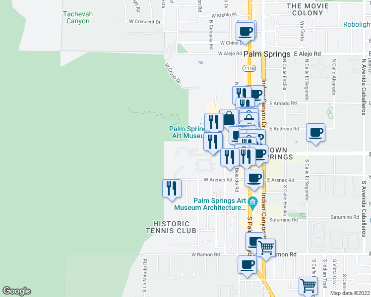 map of restaurants, bars, coffee shops, grocery stores, and more near Palisades Dr in Palm Springs