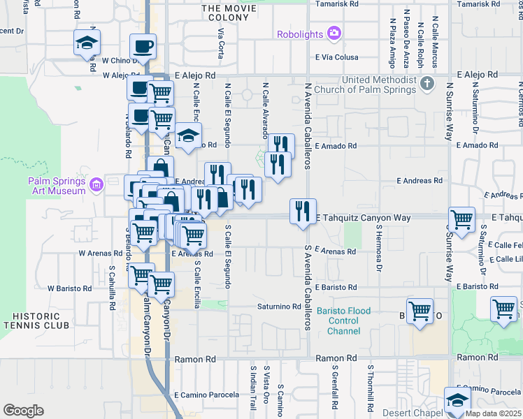 map of restaurants, bars, coffee shops, grocery stores, and more near in Palm Springs