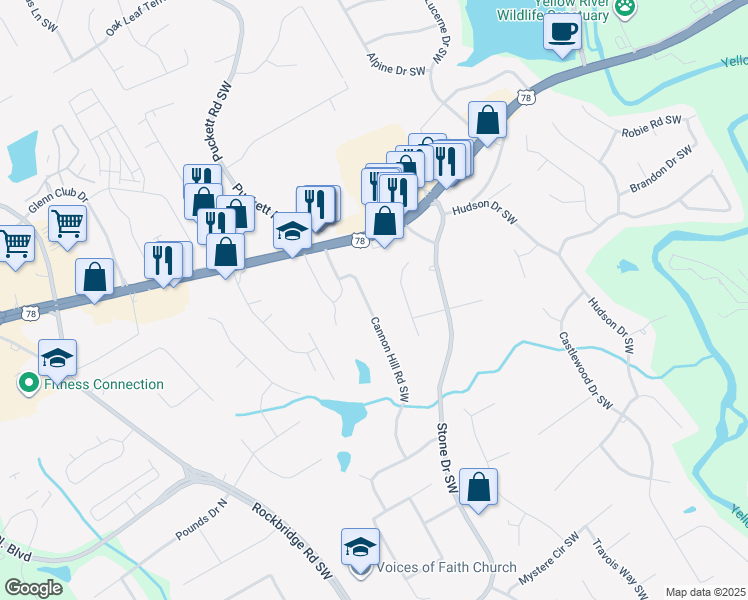 map of restaurants, bars, coffee shops, grocery stores, and more near 2188 Cannon Hill Road Southwest in Lilburn
