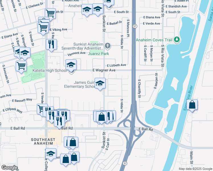 map of restaurants, bars, coffee shops, grocery stores, and more near 1021 South Laramie Street in Anaheim
