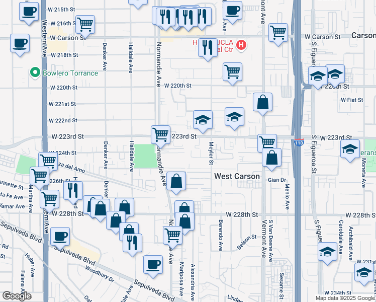 map of restaurants, bars, coffee shops, grocery stores, and more near 22333 Alexandria Avenue in Torrance