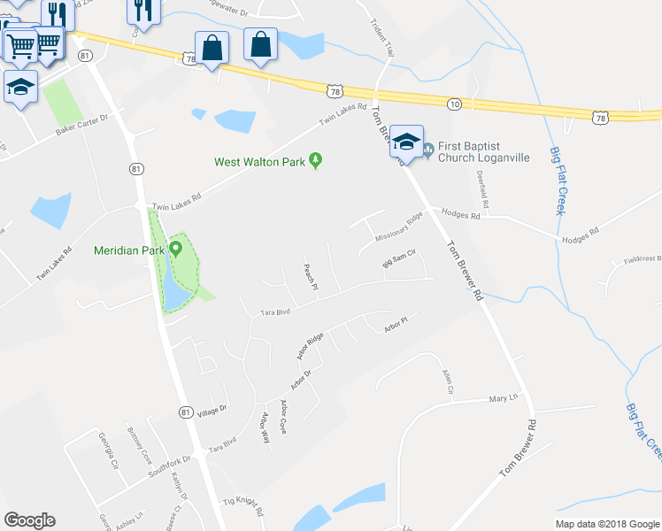 map of restaurants, bars, coffee shops, grocery stores, and more near 711 Ashley Wilkes Way in Loganville