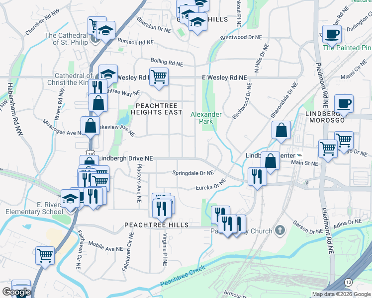 map of restaurants, bars, coffee shops, grocery stores, and more near 2515 Forrest Way Northeast in Atlanta