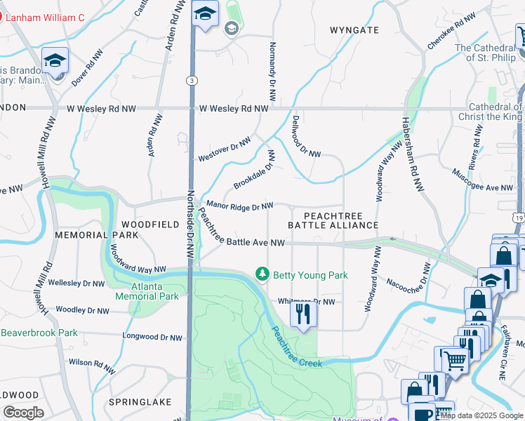 map of restaurants, bars, coffee shops, grocery stores, and more near 2504 Alton Road Northwest in Atlanta
