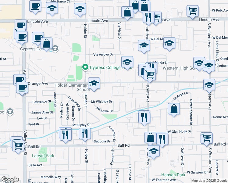 map of restaurants, bars, coffee shops, grocery stores, and more near 648 Alicia Way in Buena Park