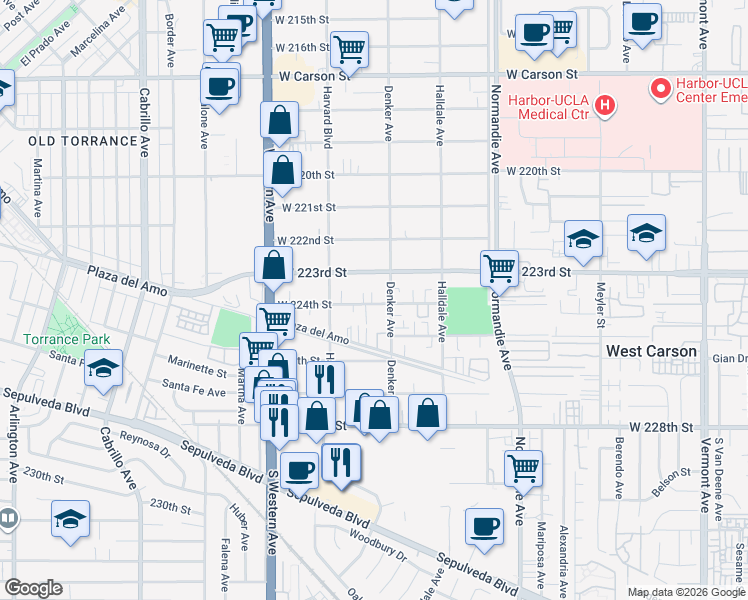 map of restaurants, bars, coffee shops, grocery stores, and more near 1515 West 224th Street in Torrance