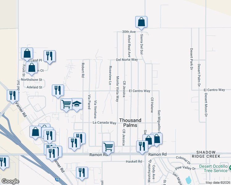 map of restaurants, bars, coffee shops, grocery stores, and more near 31013 Monte Vista Way in Thousand Palms